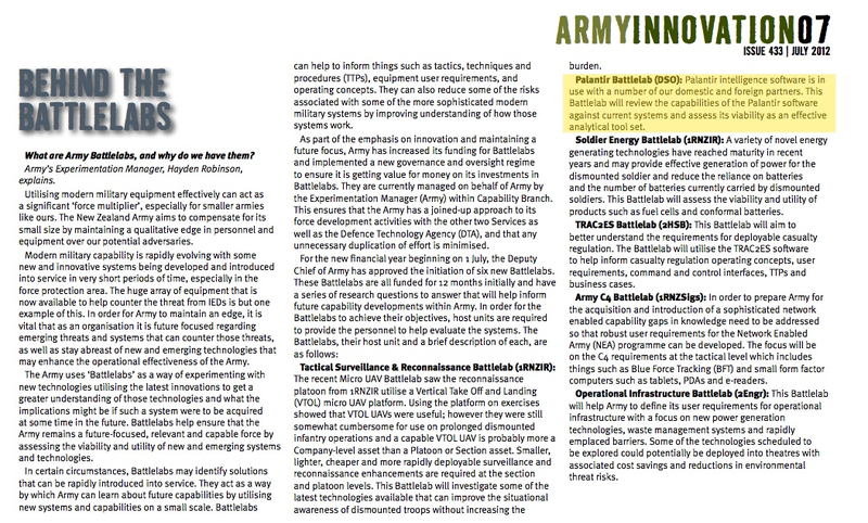 Excerpt from an article in the July 2012 issue of New Zealand’s Army News magazine discussing the trials of Palantir technology (Army News)